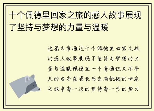 十个佩德里回家之旅的感人故事展现了坚持与梦想的力量与温暖