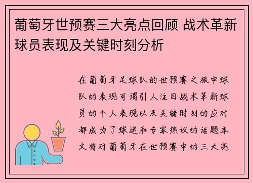 葡萄牙世预赛三大亮点回顾 战术革新球员表现及关键时刻分析